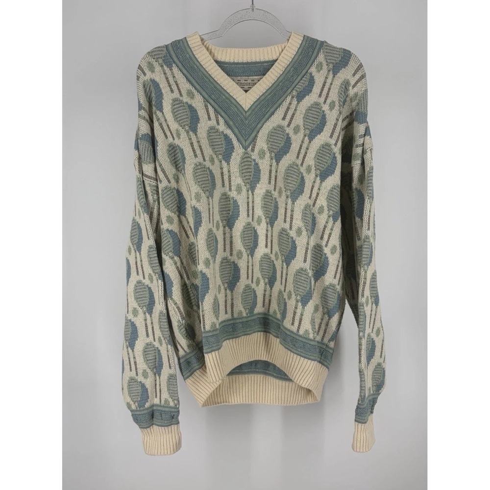 Vintage USA Crossings Racquet Print Sweater Mens L AOP Novelty Dad Tennis Vneck
